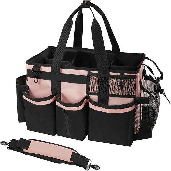Wearable Cleaning Caddy, Cleaning Caddy Supplies Organizer with Handle & Shoulder Straps for Housekeepers, Under Sink & Car Cleaning Tool Organizers Bag with 4 Foldable Divider (Pink) - NeatNest