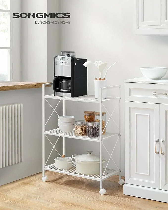 SONGMICS 3-Tier Metal Storage Rack with Wheels, Mesh Shelving Unit with X Side Frames, 23.6-Inch Width, for Entryway, Kitchen, Living Room, Bathroom, Industrial Style, White UBSC163W01 - NeatNest