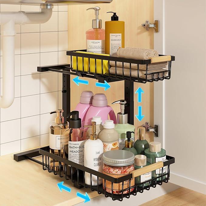 REALINN Under Sink Organizer, Height Adjustable Under Sink Organizers and Storage, 2 Tier Pull Out Drawer Cabinet Storage for Kitchen Bathroom, 1 Pack - NeatNest