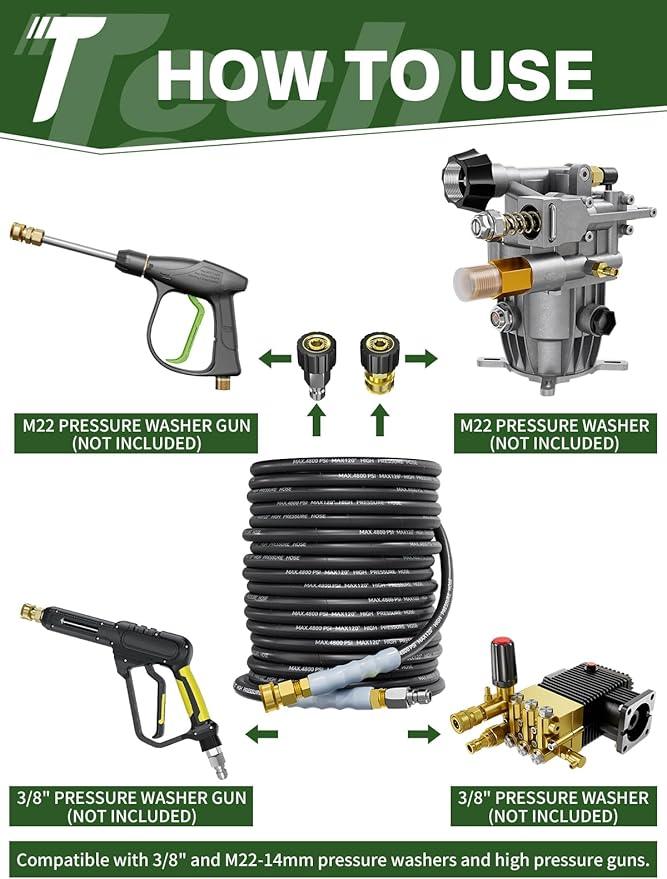 3/8" 4800PSI Pressure Washer Hose 100FT with Swivel Quick Connect for Cold/Hot Water Max 248°F, Kink Resistant Steel Wire Braided, Wear Resistant Power Washer Hose with M22 14mm Adapter - NeatNest