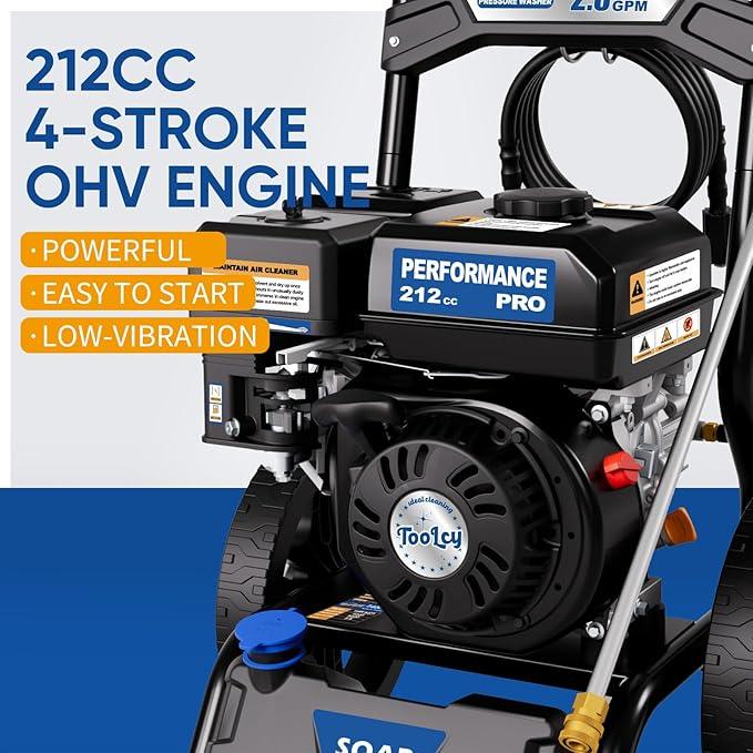 TOOLCY Gas Pressure Washer 3400PSI/2.8GPM Power Washer Upgraded Pump, 30ft Hose, Onboard Soap Tank, Spray Gun &5 Quick-Connect Nozzles for Driveway, Deck, Car Cleaning - NeatNest