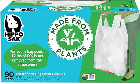 Hippo Sak - Plant Based Tall Kitchen Garbage Bags with Ergonomic Handles - 13 Gallon Trash Bags - Recyclable & Eco Friendly - Super Strong and Leak Proof Tall Kitchen Trash Bags (90 Count) - NeatNest