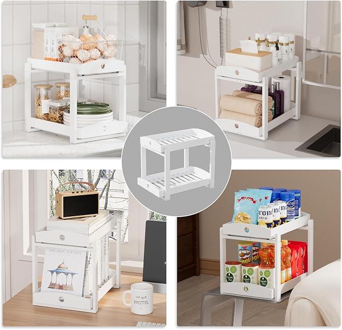 Bamboo Wood Under Sink Organizer 1 Pack, Pull Out Cabinet Organizer 2 Tier Under Sink Organizers and Storage with Sliding Drawer Sturdy Easy Assembly for Kitchen Bathroom Undersink (White, 2 Packs) - NeatNest
