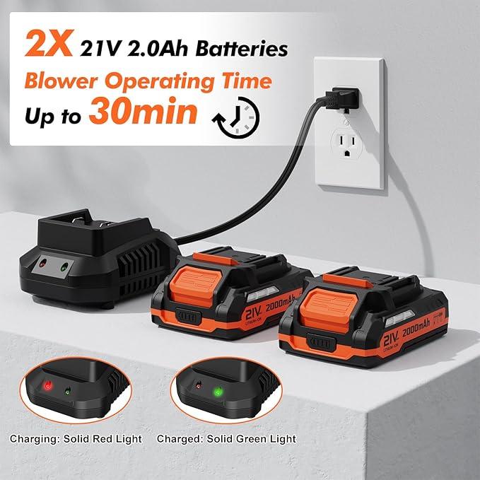 Leaf Blower Cordless - 21V Powerful Electric Leaf Blower with 2 Batteries and Charger, 2 Speed Modes, 2.0Ah Lightweight Battery Powered Leaf Blowers for Lawn Care, Patio, Dust, Blowing Leaves - NeatNest