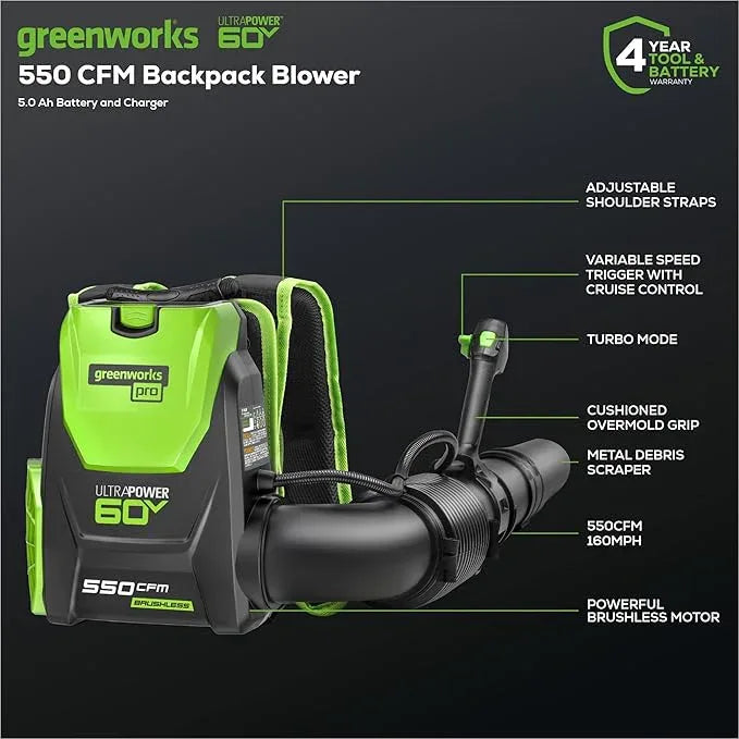 Greenworks 60V 550 CFM Brushless Backpack Blower, 5.0Ah Battery and 6A Charger - NeatNest
