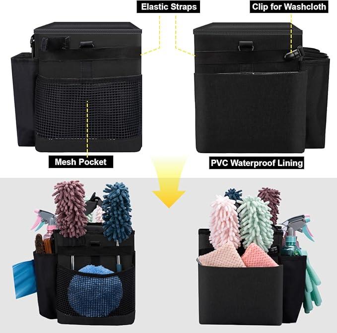 Wearable Large Cleaning Caddy Bag for Housekeeper, Clean Supply Organizer with Adjustable Shoulder, Waist & Handle Straps, Detailing Bag for Kitchen Supplies (Black) - NeatNest