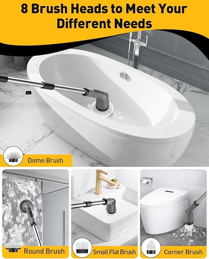 Electric Spin Scrubber for Cleaning Bathroom, Shower Scrubber Cordless Cleaning Brush with IPX7 Waterproof & 2 Speed, 3 Brush Heads, Bathroom Cleaning Supplies for Shower Tub Tile Toilet Grey - NeatNest