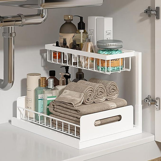 REALINN Under Sink Organizer, Pull Out Cabinet Organizer 2 Tier Slide Out Sink Shelf Cabinet Storage Shelves, Under Sink Storage for Kitchen Bathroom Cabinet, White, 1 Pack - NeatNest