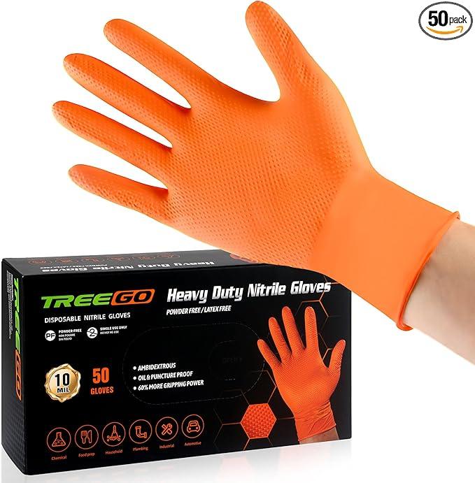 TREEGO 10 Mil Nitrile Gloves Disposable Orange Gloves - Heavy Duty Rubber Mechanic Gloves with Double Diamond Grip, Latex Free Industrial Work Gloves for Tools & Garage, 50 Count Medium - NeatNest