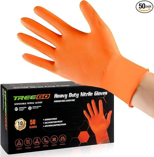 TREEGO 10 Mil Nitrile Gloves Disposable Orange Gloves - Heavy Duty Rubber Mechanic Gloves with Double Diamond Grip, Latex Free Industrial Work Gloves for Tools & Garage, 50 Count Medium - NeatNest