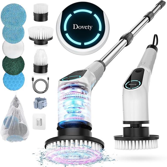 Dovety Electric Spin Scrubber, Cordless Cleaning Brush, Shower Scrubber with 8 Replaceable Brush Head, Power Cleaning Brush with Extension Handle, 2 Adjustable Speed, for Bathtub Grout Tile Floor - NeatNest