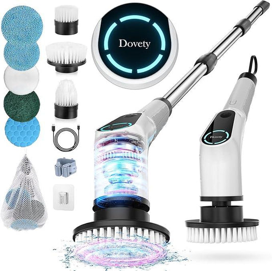 Dovety Electric Spin Scrubber, Cordless Cleaning Brush, Shower Scrubber with 8 Replaceable Brush Head, Power Cleaning Brush with Extension Handle, 2 Adjustable Speed, for Bathtub Grout Tile Floor - NeatNest