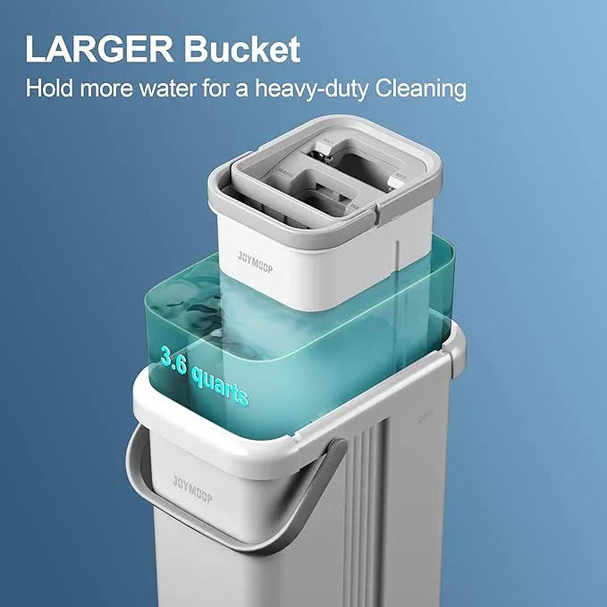JOYMOOP Mop and Bucket with Wringer Set, Flat Squeeze Mop with Bucket (X-Large), Dust Mop for Wall Cleaner with Long Handle, Microfiber Mop - White Bucket with 5 Reusable 15" Pads - NeatNest