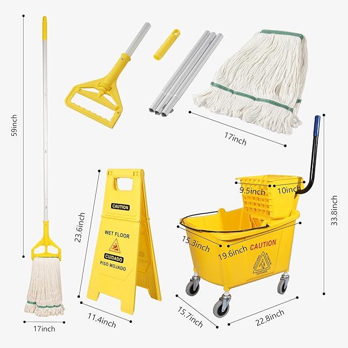 35Qt. Side-Press Mop Bucket and Wringer Combo on Wheels, Yellow, for Floor Cleaning/Wet Mopping,Including One Commercial Mop and Wet Floor Caution Sign (24inch) - NeatNest