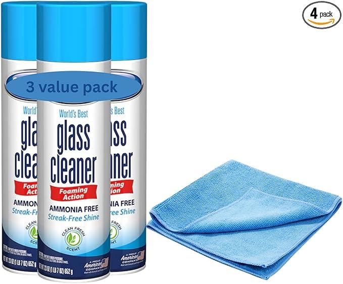 Professional Glass Cleaner Spray 3-Pack - 23oz Streak-Free Aerosol + Microfiber Cloth - NeatNest
