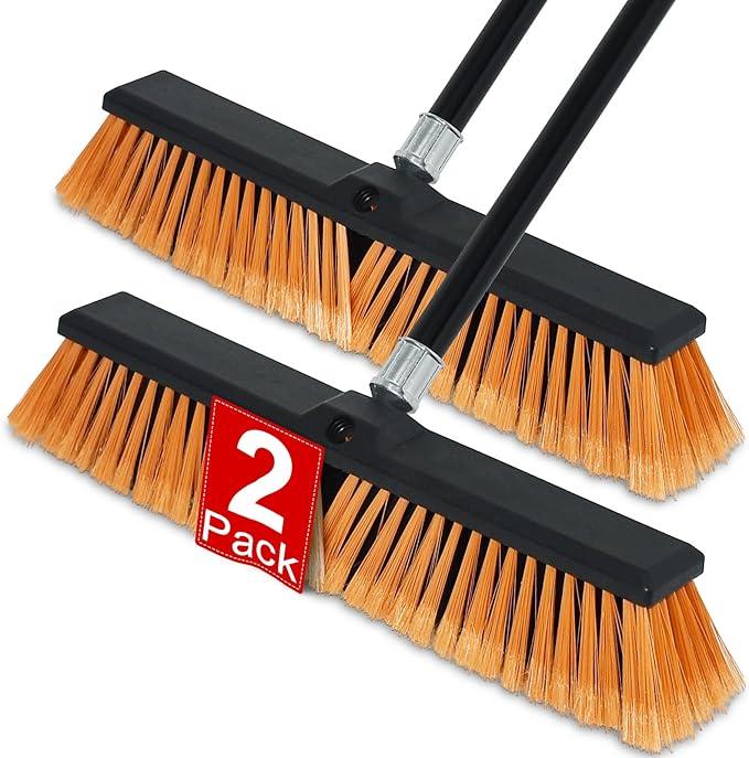 PBHEPJ 18 Inchs Push Broom Outdoor Heavy Duty, Shop Broom with 60" Long Bandle for Cleaning Outdoor or Indoor Tile, Garage, Shop, Deck, Concrete, Wood, Stone, Patio Floor, 2 Pack - NeatNest