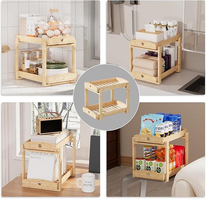 Bamboo Wood Under Sink Organizer 1 Pack, Pull Out Cabinet Organizer 2 Tier Under Sink Organizers and Storage with Sliding Drawer Sturdy Easy Assembly for Kitchen Bathroom Undersink (Nature, 2 Packs) - NeatNest