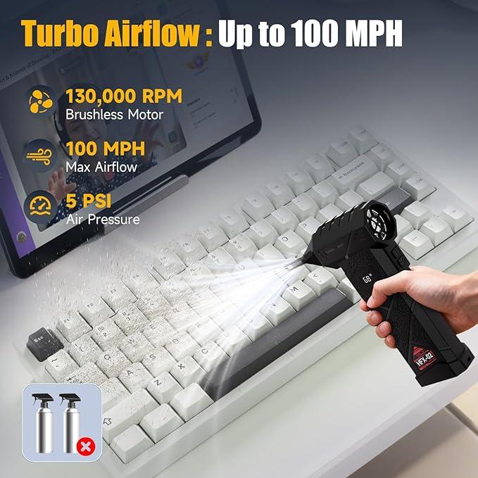 Dual-Battery Compressed Air Duster 130,000RPM, Powerful Electric Air Duster with 100-Speed Stepless Control, PC Dust Cleaning Kit, Mini Cordless Air Blower for Computer, Outdoor, Home and Car - NeatNest