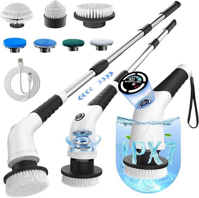 Electric Spin Scrubber, Cordless Cleaning Brush with 180 Min Runtime, 3-Speed, 7 Replaceable Brush Heads & Long Detachable Handle, LCD Display (RPM/Torque/Battery), for Bathroom, Kitchen, Tile - NeatNest