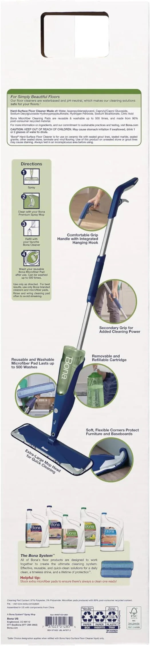 Bona Premium Motion Multi-Surface Floor Spray Mop - Includes Multi-Surface Floor Cleaning Solution and Machine Washable Microfiber Cleaning Pad - Spray Mop for Stone, Tile, Laminate, and Vinyl Floors - NeatNest