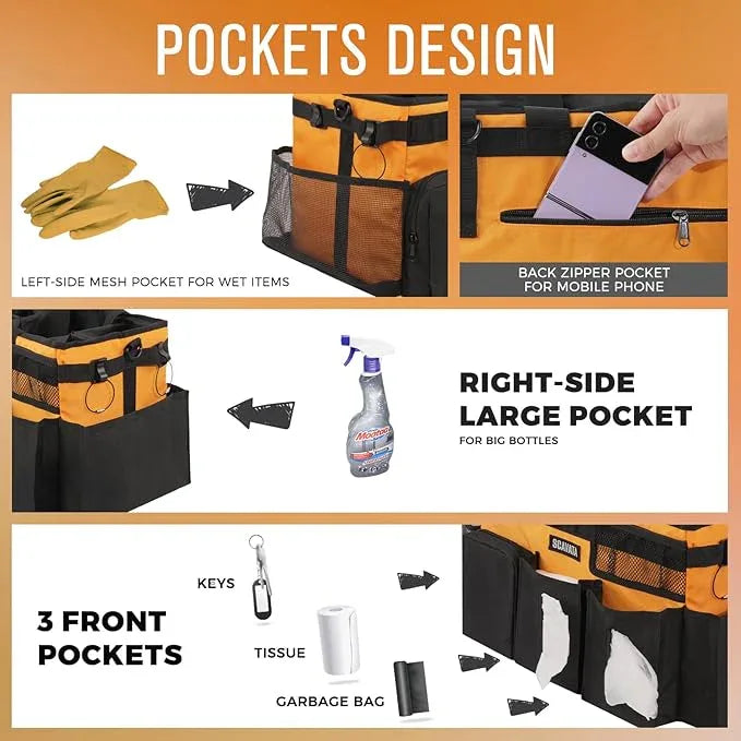 Wearable Cleaning Caddy Bag, Cleaning Caddy Supplies Organizer with Handle & Shoulder Straps for Housekeepers, Under Sink & Car Cleaning Tool Organizers with 4 Foldable Divider (Orange) - NeatNest