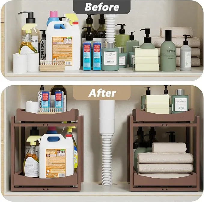 Bamboo Under Sink Organizer Adjustable Height 2 Tier Bathroom Organizer Pull Out Cabinet Storage Kitchen Heave Duty Wood Slide Ou Shelf for Kitchen Bathroom (Brown, 2 Packs) - NeatNest