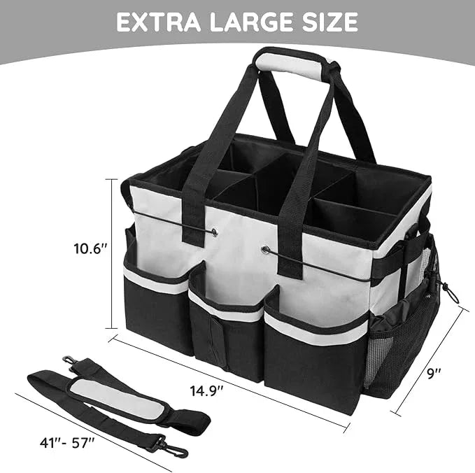 ZKOO Large Cleaning Caddy Bag with Handle, Built-in Sturdy Support Board, Adjustable Shoulder Strap, Multi-compartment Design Cleaning Supply Tote for Cleaners & Housekeepers (White) - NeatNest
