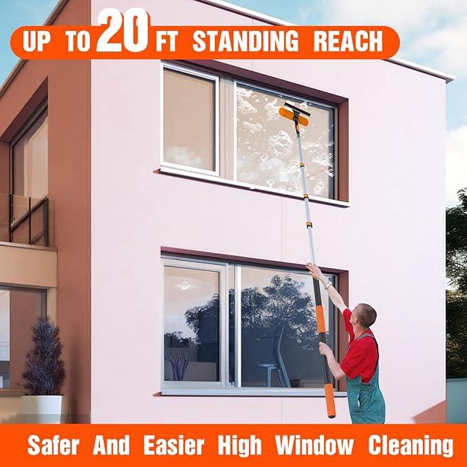 20FT Window Squeegee with Extension Pole, 2-in-1 Squeegee for Window Cleaning, Professional Cleaning Kit for Home with 12FT Telescoping Pole for Outdoor Indoor Use - NeatNest