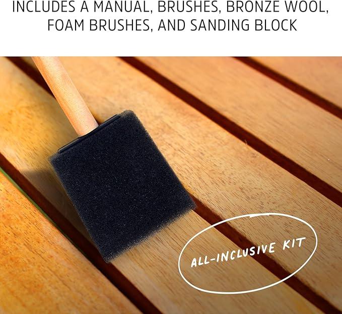Teak Cleaning Supplies Bundle Featuring 64oz Teak Brightener and Finish, Super Cleaner 8 oz, Wood Scrub Brush, Foam Brushes & Bronze Wool, Water-Based & Safe - NeatNest