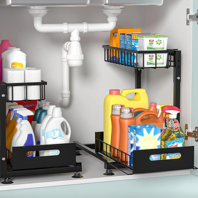 2 Pack Pro Under Sink Organizer Storage: Premium Metal 2-Tier Pull-Out Wire Basket Organizer, L Shape Height Adjustable, Easy Installation | Kitchen & Bathroom Cabinet Organizers - NeatNest