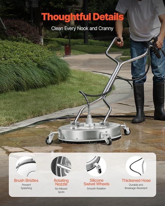 VEVOR 22" Pressure Washer Surface Cleaner, Stainless Steel Pressure Washer Attachments with 4 Wheels, 4500 Max PSI, 3/8 Quick Connector, 2 Spray Nozzles, Dual Handle, for Concrete, Patio, Sidewalk - NeatNest