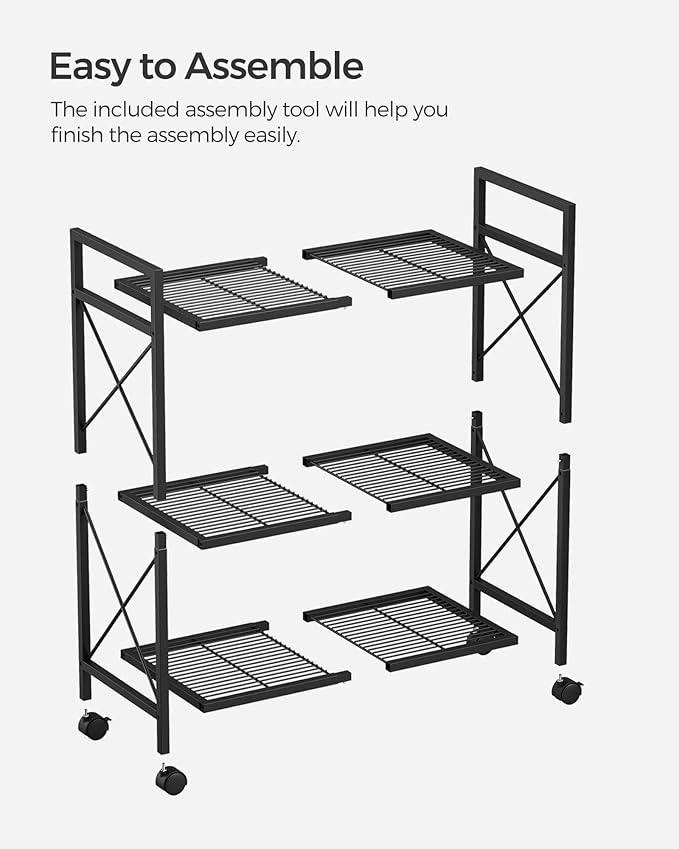 SONGMICS 3-Tier Metal Storage Rack with Wheels, Mesh Shelving Unit with X Side Frames, 23.6-Inch Width, for Entryway, Kitchen, Living Room, Bathroom, Industrial Style, Black UBSC163B01 - NeatNest
