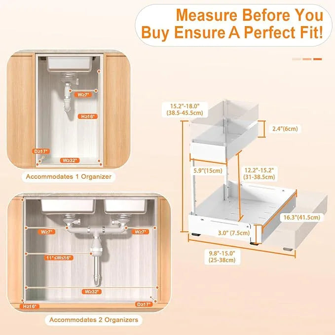 YJHome 1 Pack Expandable Under Sink Organizer, 2 Tier Pull Out Cabinet Organizer with Smooth Ball Bearing Slides, Adjustable Height Cabinet Storage Shelves for Kitchen, Bathroom, Laundry, Pantry - NeatNest