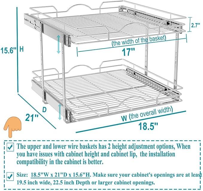 OCG 2 Tier Pull Out Cabinet Organizer (18.5" W x 21" D), Pull Out Drawers for Kitchen Cabinets, Pull Out Shelves for Base Cabinet Organization in Kitchen Bathroom Pantry, Chrome Finish - NeatNest
