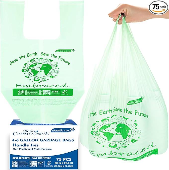 4-6 Gallon Compostable Trash Bags, 75 Count, Kitchen Compost Bags With Handle, Sturdy Biodegradable Garbage for Food Scrap Waste, ASTM D6400, US BPI Certified - NeatNest
