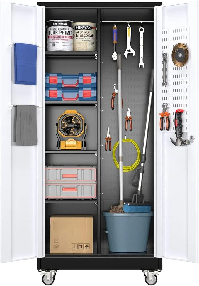 SUXXAN Broom Closet Storage Cabinet, Metal Cabinets with 13 Hooks and Hanging Rods, 71" Metal Storage Cabinet, Heavy Duty Cleaning Cabinet for Garage, Laundry Room - NeatNest
