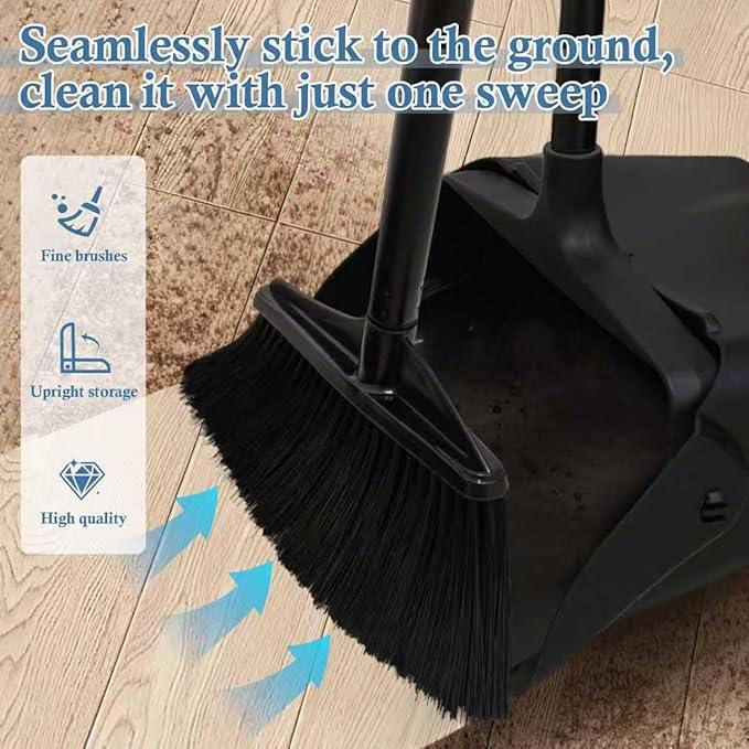 Primero Basics Broom and Dustpan Set with Long Handle and Wheels, Upright Standing Heavy Duty Large Dust Pan and Broom Combo for Indoor Outdoor, Kitchen, Garage, Restaurant Cleaning – Black - NeatNest
