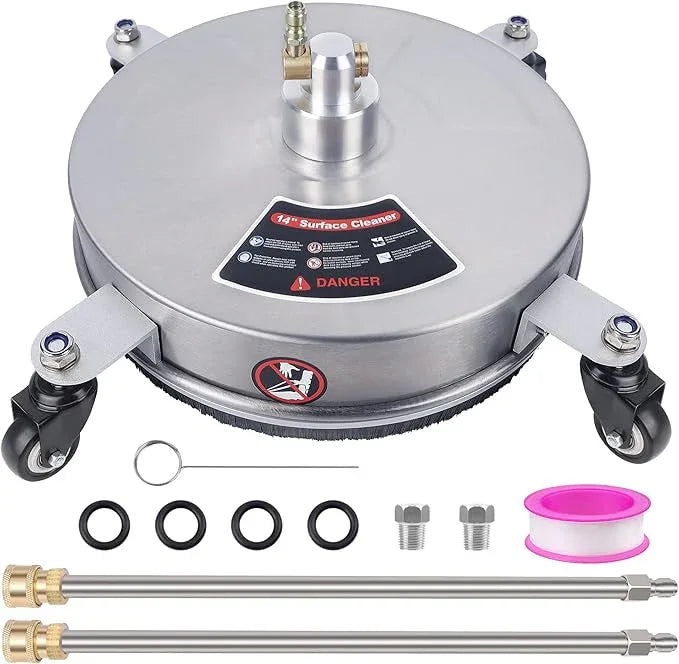 Biswing 14" Pressure Washer Surface Cleaner with 4 Wheels, Stainless Steel Power Washer Accessory for Driveways Sidewalks Patios Cleaning, 1/4" Quick Connector, 2 Extension Wand Attachments, 4000 PSI - NeatNest