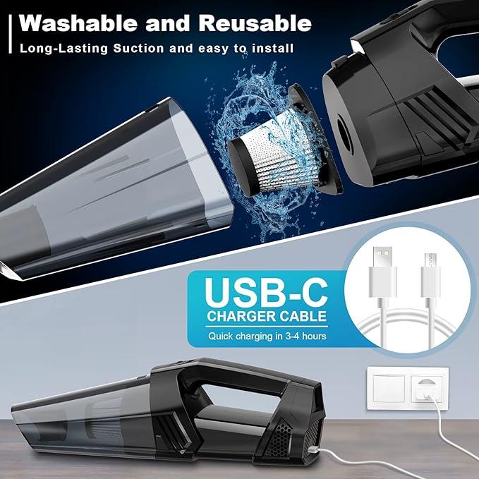 Handheld Vacuum Cordless Portable Car Vacuum with LED Light, High Power Suction, 3 in 1, Lightweight Rechargeable Hand Vacuum, Hand Held Vacuum Cleaner for Car Home Office, Pet Hair, Black - NeatNest