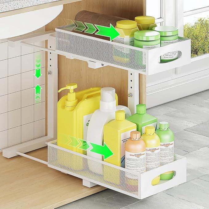 Under Sink Organizer, 2-Tier Pull Out Cabinet Organizer with Adjustable Height, Use in Kitchen Bathroom Cabinet and Countertop Storage, White - NeatNest
