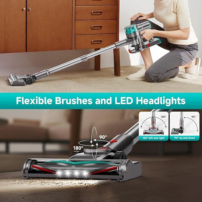 Cordless Vacuum Cleaner, Powerful Stick Vacuum Cleaner for Home with Rechargeable Battery, 6-in-1 Lightweight Handheld Vacuum, 45 Mins Runtime for Hardfloor & Carpets Pet Hair (Green) - NeatNest
