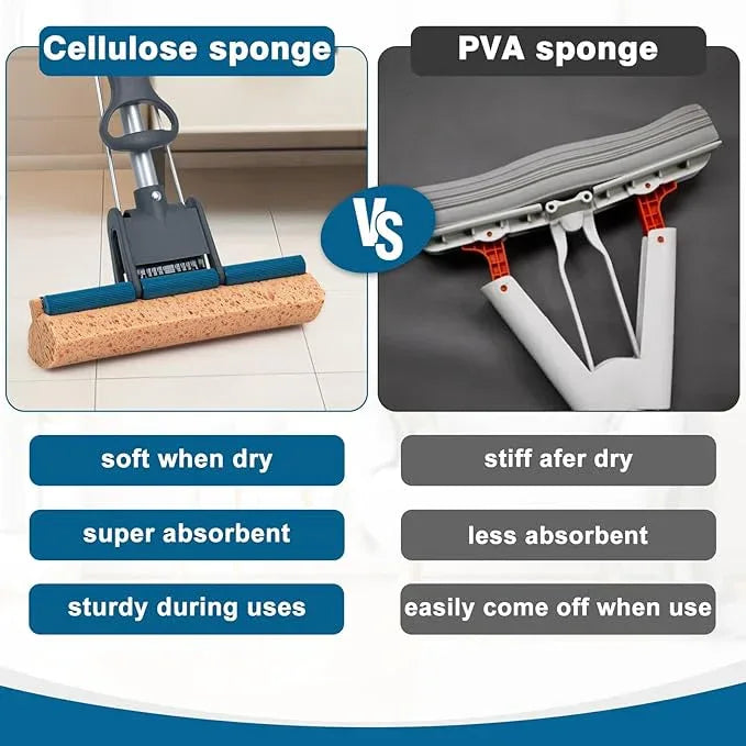 Sponge Mop for Floor Cleaning, 50" Heavy Duty Roller Mop with 4 Cellulose Refill Heads, Easy Self-Squeeze for Hardwood Tile Concrete, Wall Ceiling - NeatNest