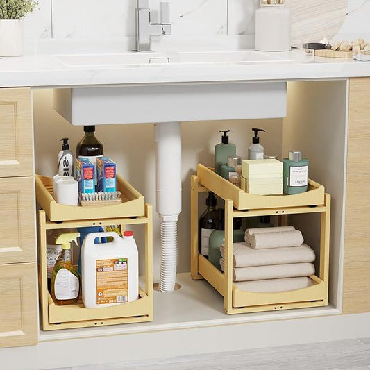Bamboo Under Sink Organizer Adjustable Height 2 Tier Bathroom Organizer Pull Out Cabinet Storage Kitchen Heave Duty Wood Slide Ou Shelf for Kitchen Bathroom (Nature, 2 Packs) - NeatNest