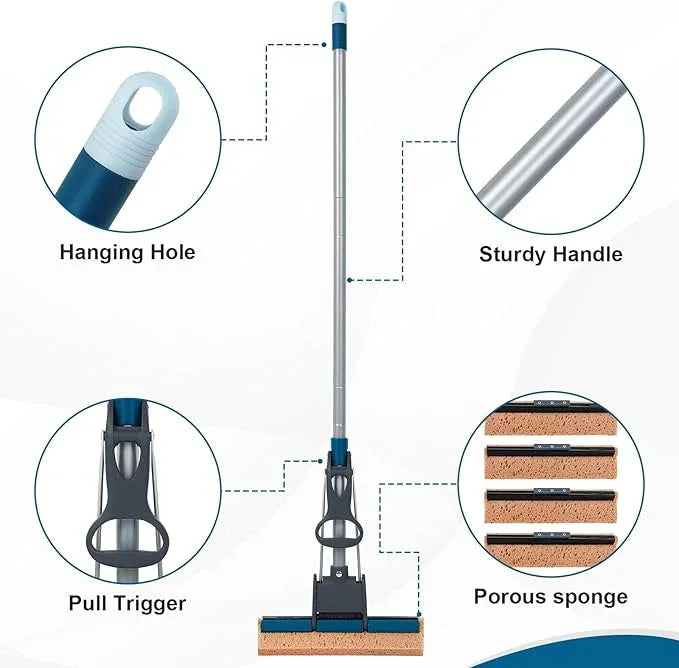 Sponge Mop for Floor Cleaning, 50" Heavy Duty Roller Mop with 4 Cellulose Refill Heads, Easy Self-Squeeze for Hardwood Tile Concrete, Wall Ceiling - NeatNest