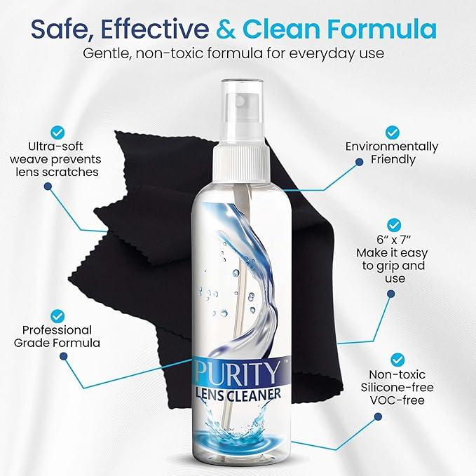 Purity Eyeglass Cleaner Mega Pack - Multi-Size Lens Cleaner Kit - 2x2oz, 3x8oz Bottles + 5 Black Premium Microfiber Cloths - Safe for All Lenses, Eyeglasses, and Screens - Streak-Free Formula - NeatNest