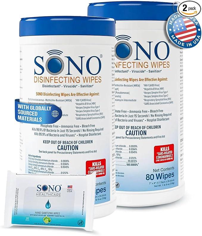 SONO Disinfecting Wipes - 160 Count (Pack of 2) + Sanitizer, Alcohol-Free, No Bleach, Medical-Grade, Multi-Surface Cleaning for Home, School, Office - NeatNest