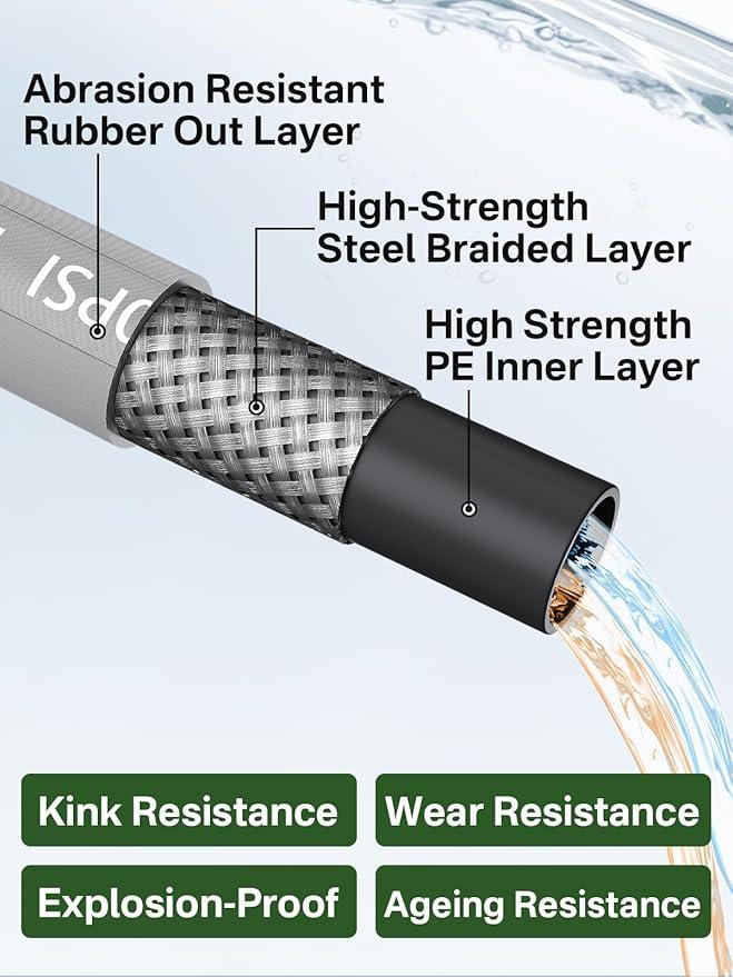 3/8" 4800PSI Pressure Washer Hose 50FT with Swivel Quick Connect for Cold/Hot Water Max 248°F, Kink Resistant Steel Wire Braided, Wear Resistant Power Washer Hose with M22 14mm Adapter - NeatNest