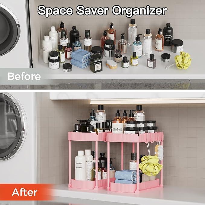 2 Pack Multi-Purpose Pull-Out Storage Organizers, Under Sink Organizers and Storage for Bathroom & Kitchen, Under Cabinet Organizers and storage, 14.8 Inch, Pink - NeatNest