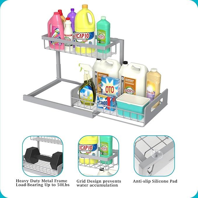 REALINN Under Sink Organizer, Pull Out Cabinet Organizer 2 Tier Slide Out Sink Shelf Cabinet Storage Shelves, Storage for Kitchen Bathroom, Grey, 2 Pack - NeatNest