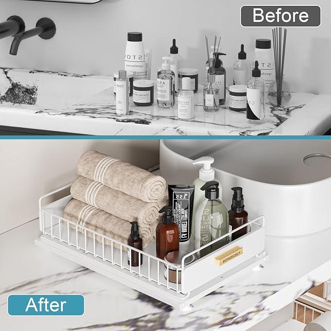 Under Sink Organizer, 2 Pack Pull Out Kitchen Cabinet Organizer, Mute Slide-Out Under Sink Organizers and Storage, Metal Kitchen Bathroom Organizers and Storage Shelves, White - NeatNest